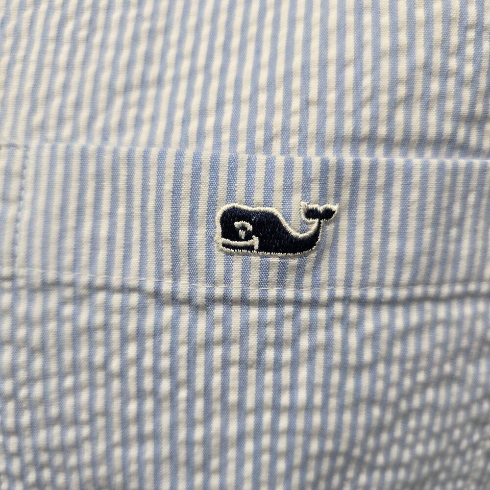 Vineyard Vines Seersucker Shirt Men S Short Sleeves Stretch Blue Striped Whale - Picture 3 of 13